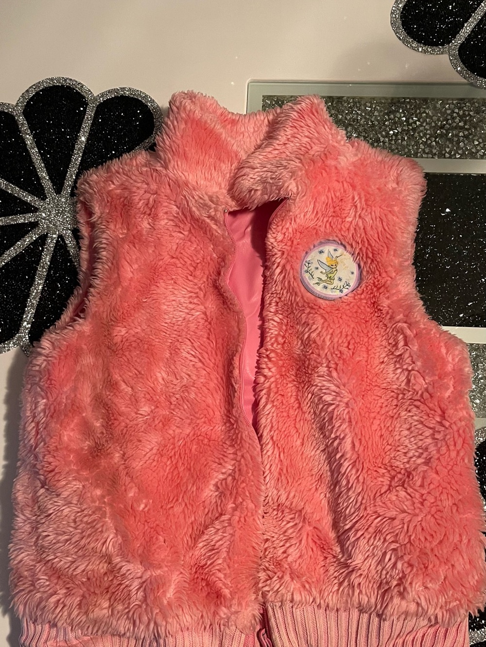 Disney Tinker Bell Pink Reversible Faux Fur Vest XL 14 16